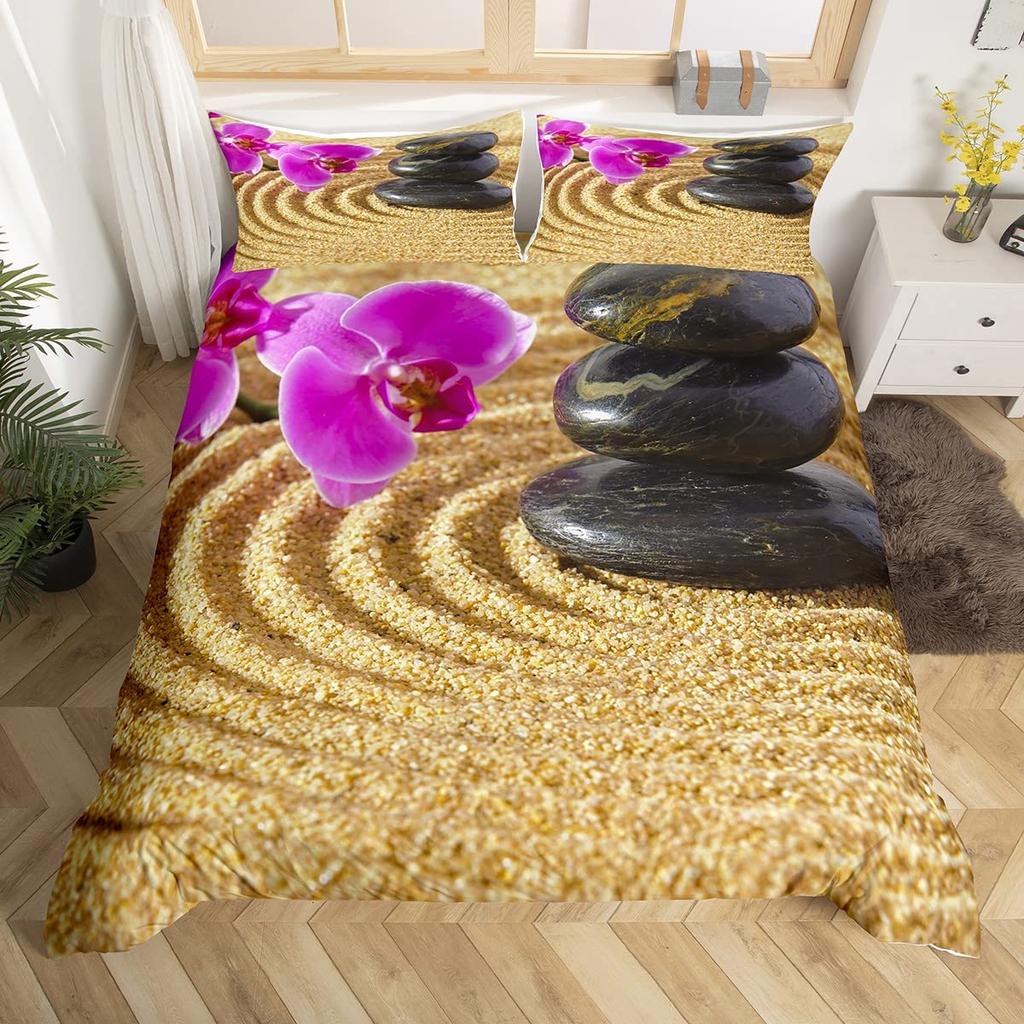 Комплект пододеяльника Zen Sandy Beach Meditation Комплект постельного белья Zen Stones Покрывало для одеяла Спокойное произведение искусства природы Покрывало для квилтинга Полный размер