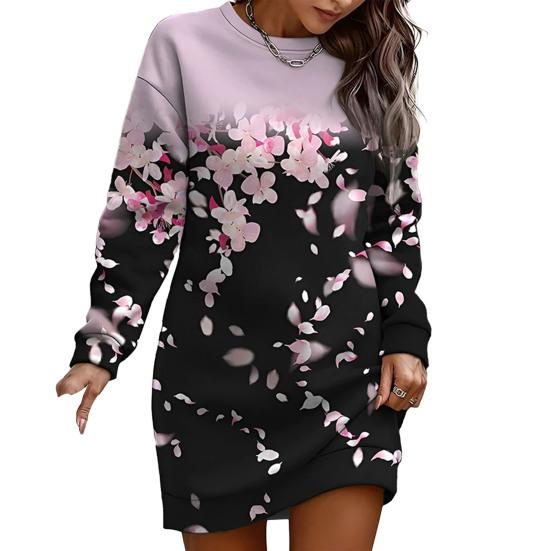 Women Fall Winter Sweartshirt Dress Flower Print Round Neck Long Sleeve Loose Pullover Thick Warm Mid Length Elastic Cuff Lady Spring Mini Dress