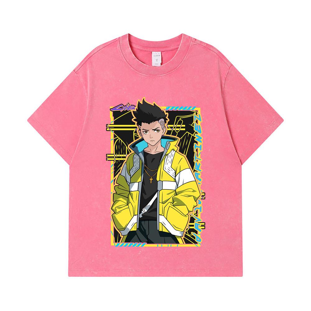 275 GSM Washed T-shirts 100% Cotton Cyberpunk Edgerunners V7 David Print Unisex Heavy Cotton T Shirt