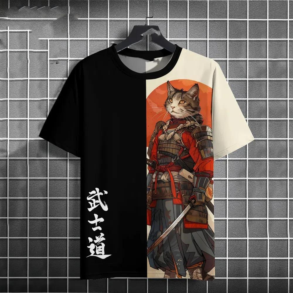 Japanese Anime Samurai Cat T-Shirt For Men 3d Animal Print Short Sleeve Tops Tees Casual T-Shirt Oversized Shirt  Men Clothing