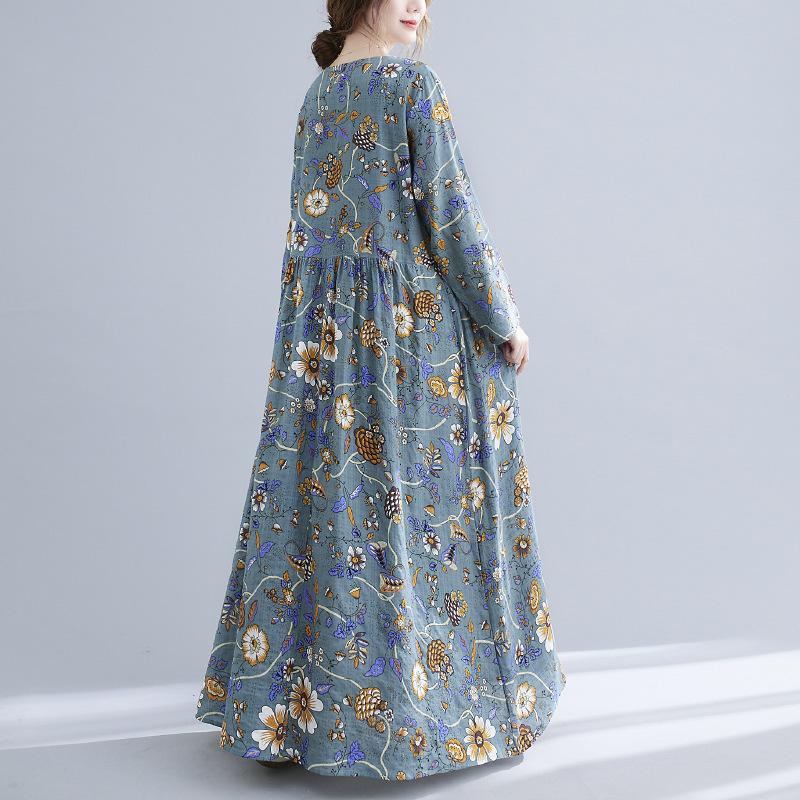 Cotton and Linen Breathable Dress In Spring and Summer Oversized Printed Round Neck Long Sleeve Large Swing Dress