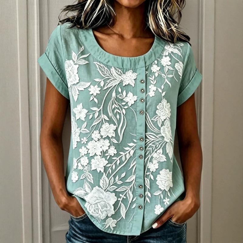 Women Light Blue Floral Embroidery Round Neck Full Button Roll Cuff Short Sleeve Loose Casual Blouse
