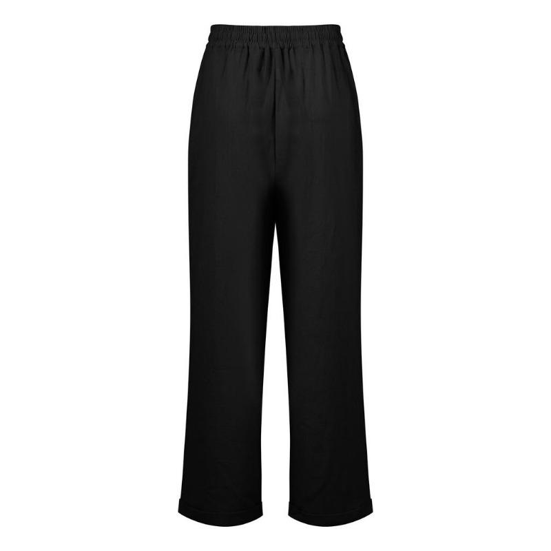 2024 Новые женские летние эластичные поясные карманы с карманами, однотонные хлопковые и льняные широкие брюки, свободные брюки с девятью очками