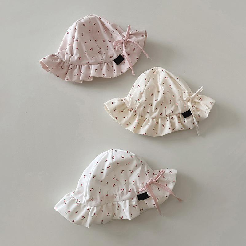 Милая шапка-рыбак с принтом вишни для малышей, мягкая хлопковая детская шляпа-ведро на шнурке для девочек, милая детская шапочка-ведро от солнца