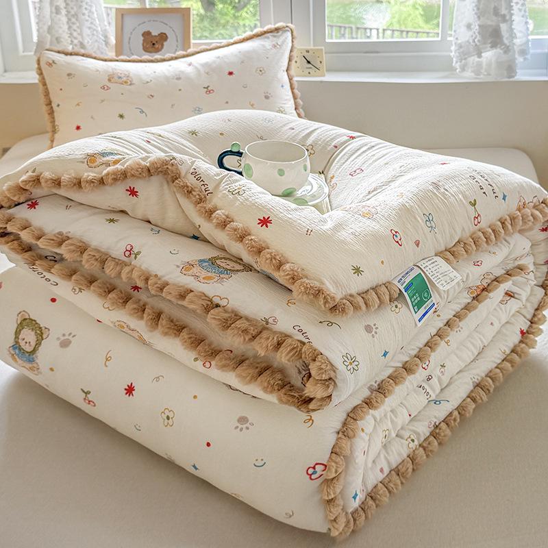 Утолщенное зимнее кружевное одеяло с помпонами – Теплый хлопок для односпального/двуспального общежития, Весна/Осень