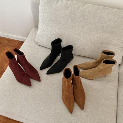 2025 осень и зима новые замшевые короткие ботильоны с острым носком женские ботильоны во французском стиле ботильоны на тонком каблуке эластичные тонкие ботильоны