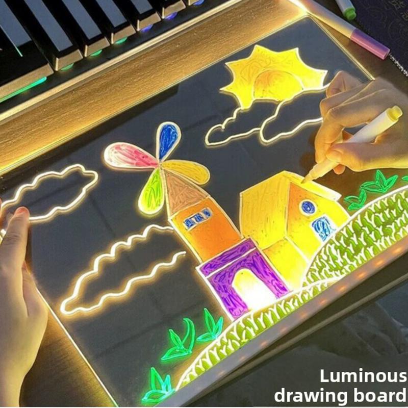 Kid Drawing Toy Led Note Board Diy Acrylic Board With Colour Pens Led Drawing Board Luminous Blackboard Wordpad With Night Light