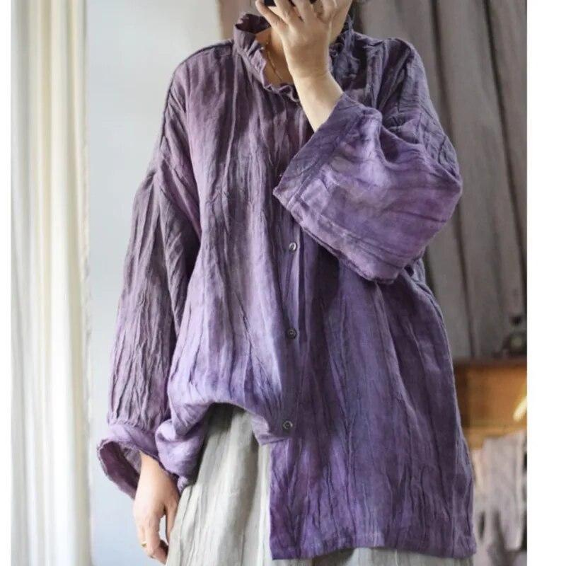 Johnature Льняная рубашка в стиле ретро, нерегулярная винтажная рубашка, осенняя женская повседневная однобортная рубашка с длинными рукавами