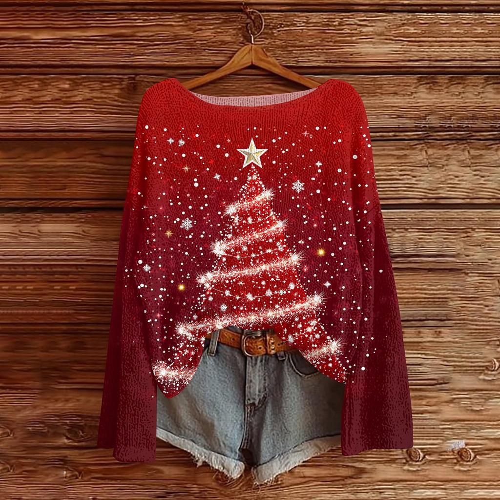 Women's Round Neck Lightweight Sweater Casual Long Sleeve Christmas Print Knit Pullover.