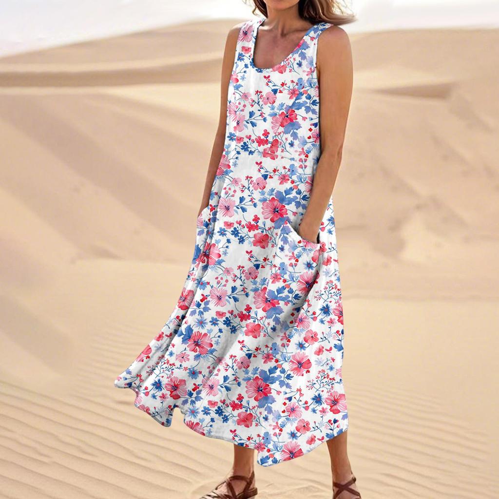Women's Summer Casual Fashion Flower Printed Sleeveless Pocket Dress