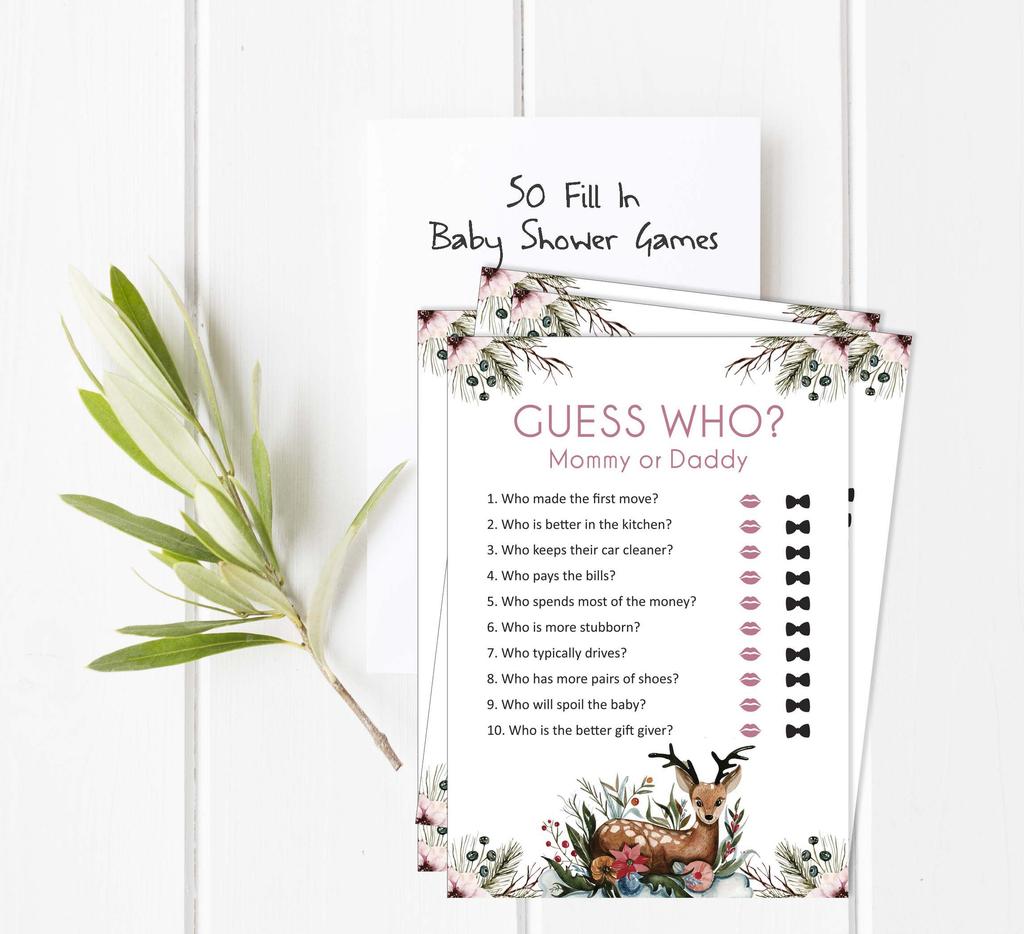 Inkdotpot Игра «Кто сказал это» Мама или папа 50 листов Веселая игра для детского душа Гендерно-нейтральные цветы и олени Животные Товары для вечеринки