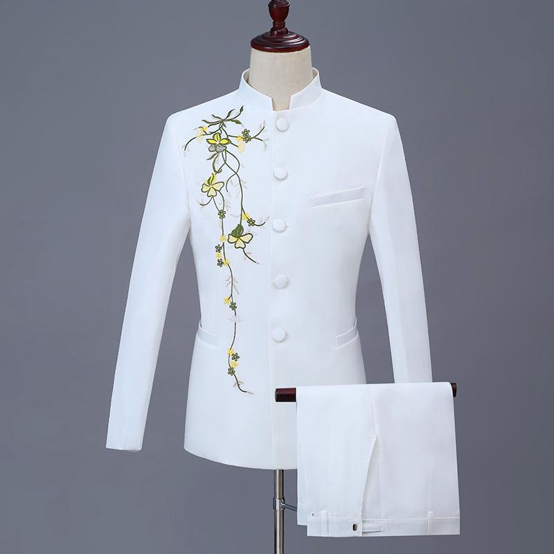 New Men's Gold Embroidered Zhongshan Suit - Stand Collar Performance & Wedding Outfit