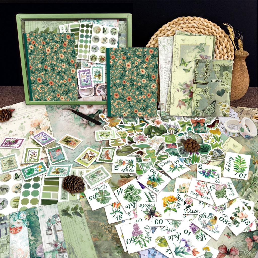 Vintage Scrapbook Kit Green Journal Stickers 260pcs Flowers Plants DIY Planner Gift Box
