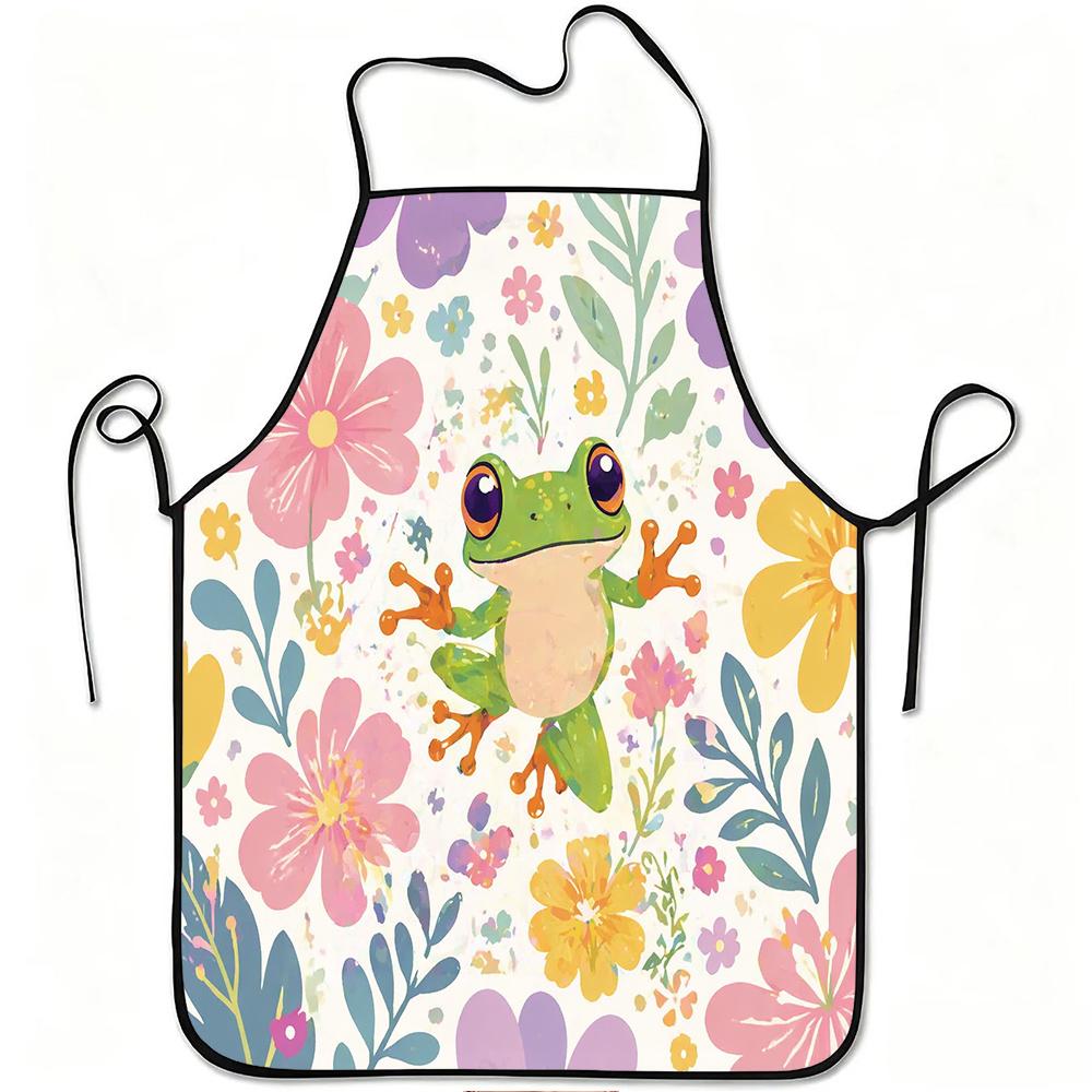 1pc Cute Frog & Colorful Flower Apron with Adjustable Waistband - Durable Easy-Clean Polyester Bib Suitable for Kitchen Cooking, Gardening, Picking, C