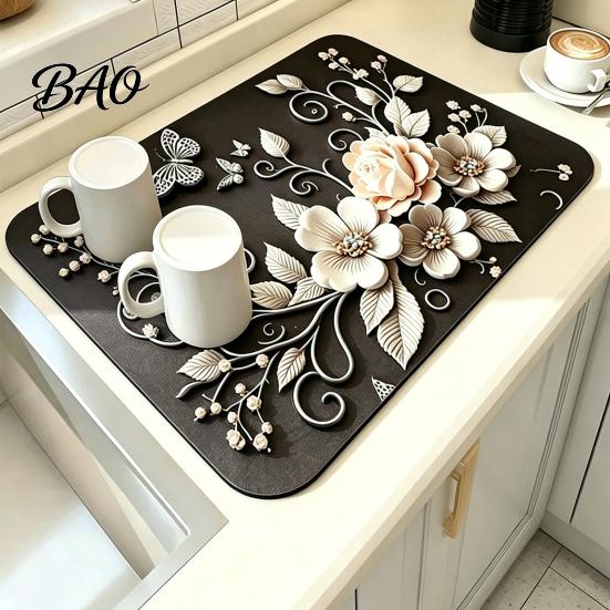 Kitchen Countertop Absorbent Pad Floral Dish Drying Mat, Diatomaceous Earth Anti Scalding Modern Table Placemats Protector, Heat Insulation