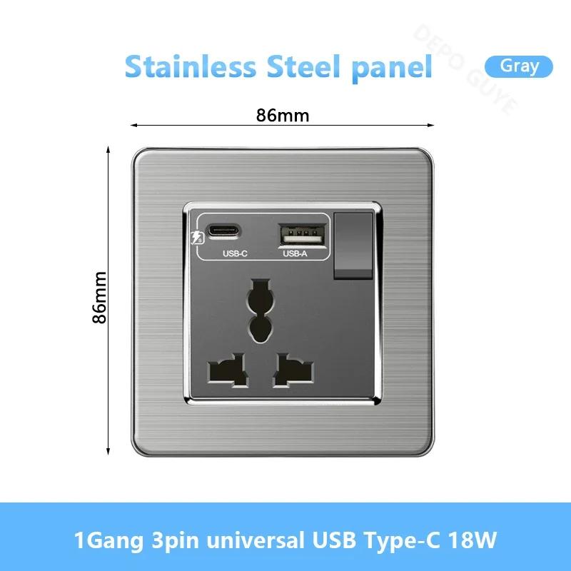 Universal Wall Light Switch Brushed Stainless Steel Panel,UK Type-c 18W Quick Charging Socket 220V Double USB Electrical Outlet