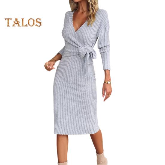 Women Spring Fall Dress Cross V Neck Lace-up Slim Fit Sheath Long Sleeves Knee Length Knitted Slim Fit Elastic Midi Dress Shopping Dating Dress