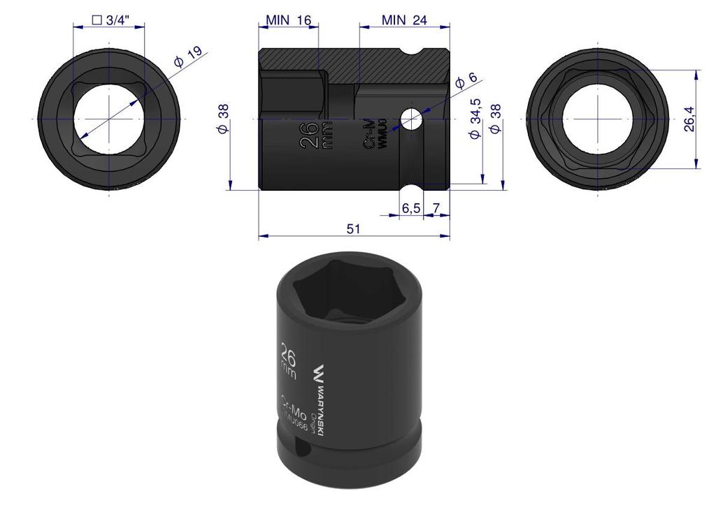 Nasadka Udarowa Sześciokątna 3/4". 26 Mm. Crmo. Din 3129. Waryński