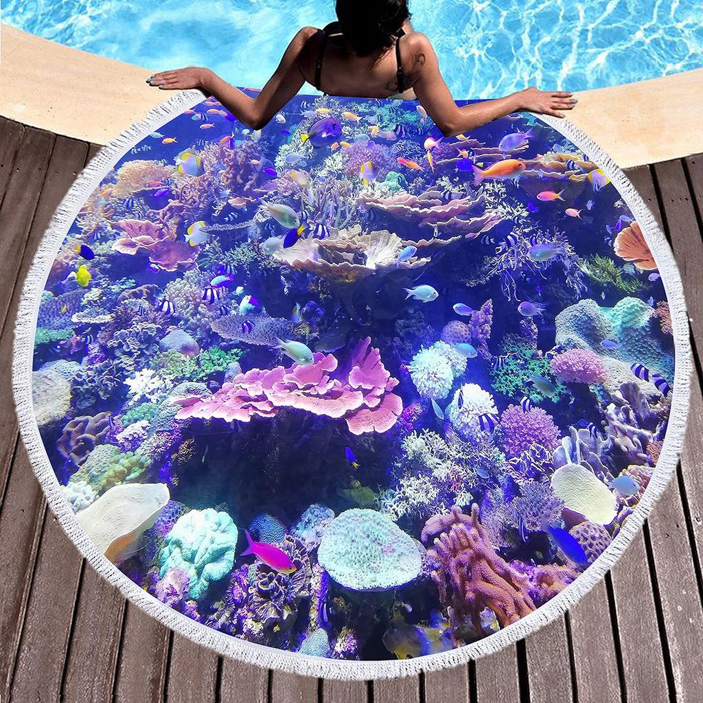 Круглое пляжное полотенце с кисточками «Подводный мир» с морскими животными, быстросохнущее из микрофибры, не собирающее песок, круглое банное полотенце, подарки для женщин