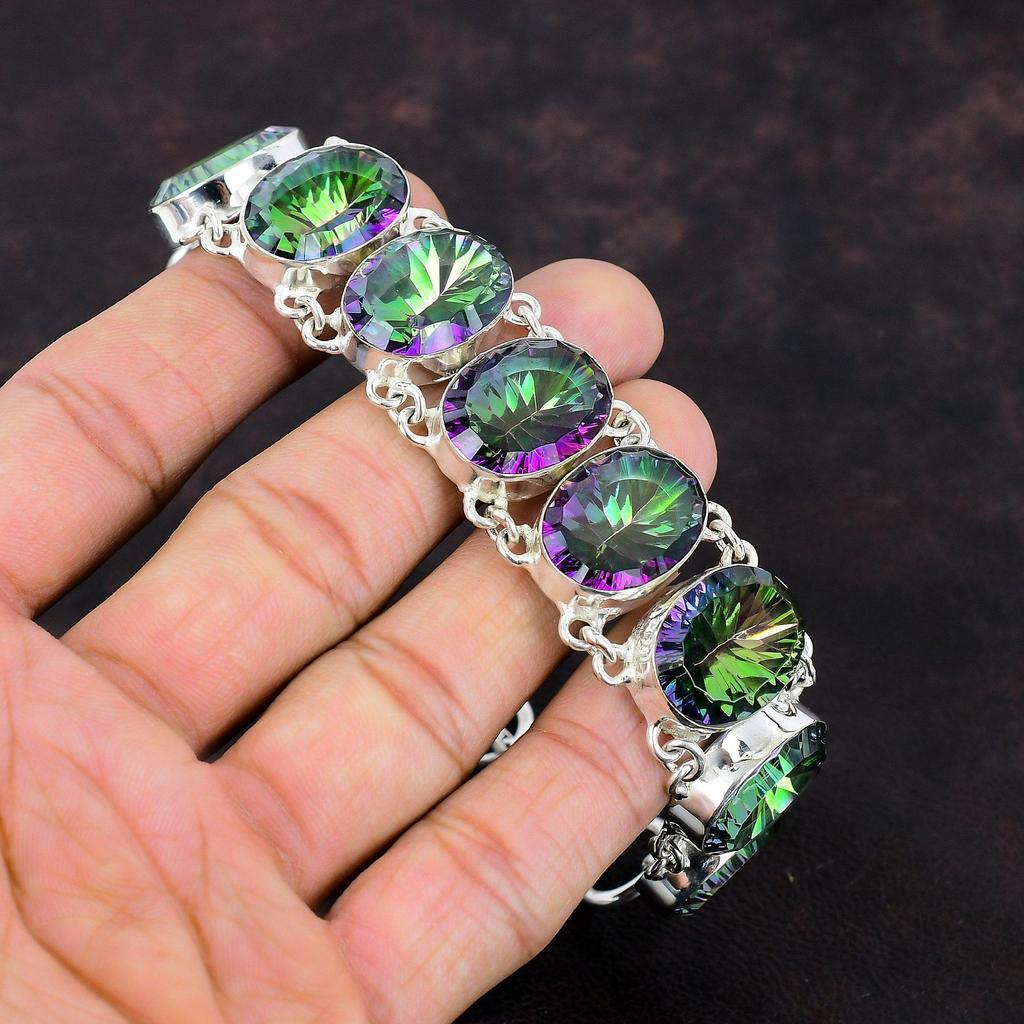 Браслет с граненым радужным мистическим топазом, браслет из стерлингового серебра 925 пробы, регулируемый браслет-цепочка, браслет ручной работы из натурального драгоценного камня, подарок для него