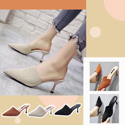 Sagit Женские тапочки на высоком каблуке Летние вязаные эластичные ткани с открытым носком Толстые сандалии