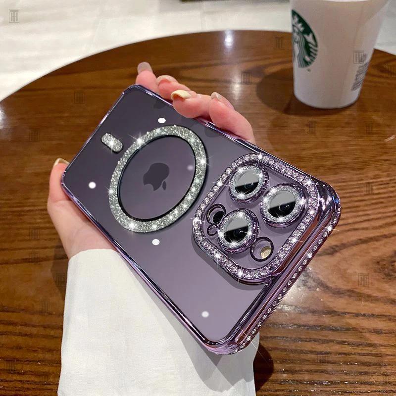 High-grade Glitter Rhinestones Phone Case For iPhone 16 15 11 12 13 14 Pro Max 16 Plus Magsafe Magnetic Clear Lens Protect Cover