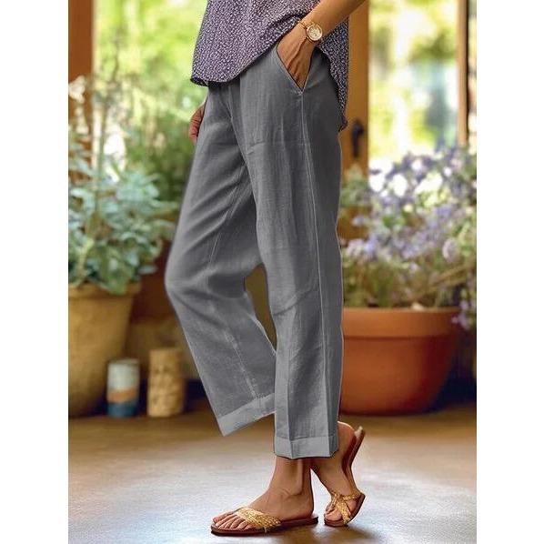 GMXIA Women's Cotton and Linen Loose Solid Color Elastic Waist Pocket Straight Leg Casual Pants