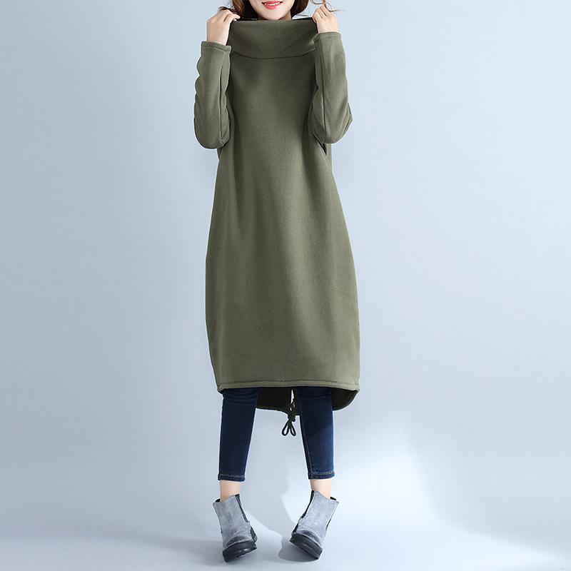 2017 Этнический стиль Большой размер Хлопково-льняное платье на флисовой подкладке с высоким воротником