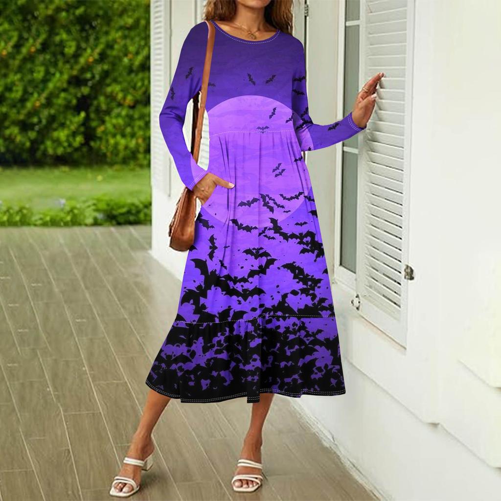 Женское повседневное платье с принтом на Хэллоуин, весна-осень, карман, круглый вырез, длинные рукава, платья