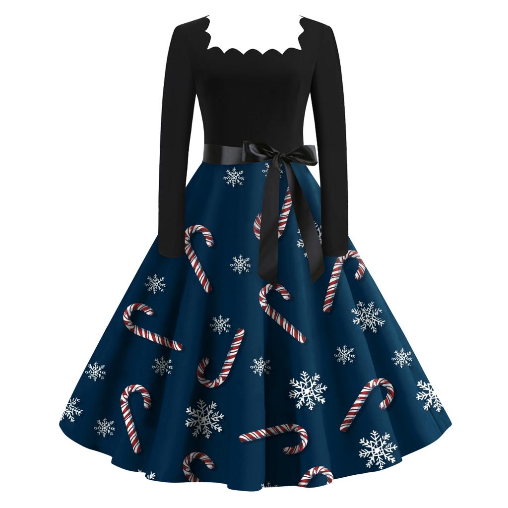 Женское модное ретро вечернее платье с длинным рукавом, квадратным вырезом и рождественским принтом