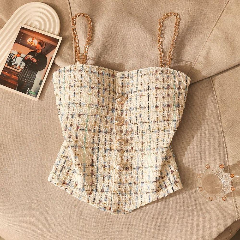 Plaid Tank Top Solid Metal Chain Halter Crop Tops Women Summer Camis Backless Camisole Fashion Casual Tube Female Sleeveless Cropped Vest Y2K