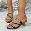2024 Summer New Women's Sandals and Slippers with Medium Heel Thick Heel Women's Slippers with Open Toe High Heel Rhinestones