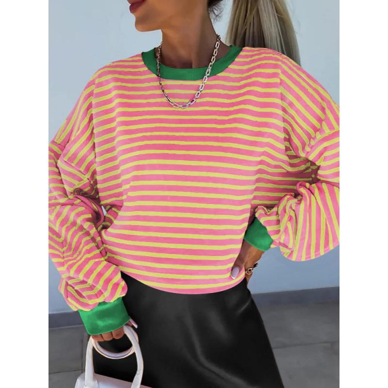 Womens Striped Oversized Round Neck Hooded Sweatshirt Long Sleeve Casual Loose Fit Top 2025