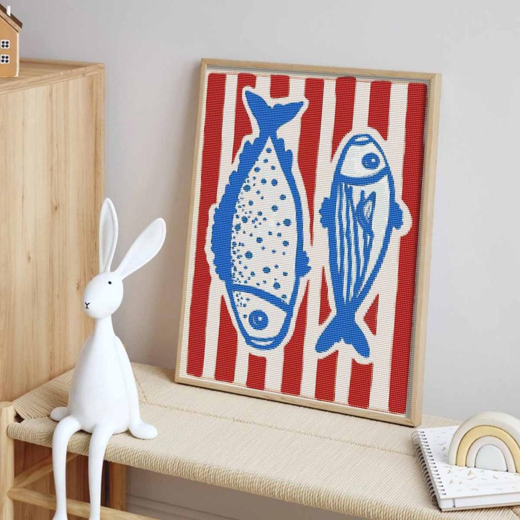 Diamond Painting Kit Full Diamond Round Mosaic Blue Fish Red Striped Nautical Coastal Seafood Kitchen Wall Art Home Decor Gift