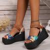 Large Size Thick-soled Wedge Heel Sandals Women's Summer Wind Printing Heightening Sandals Women