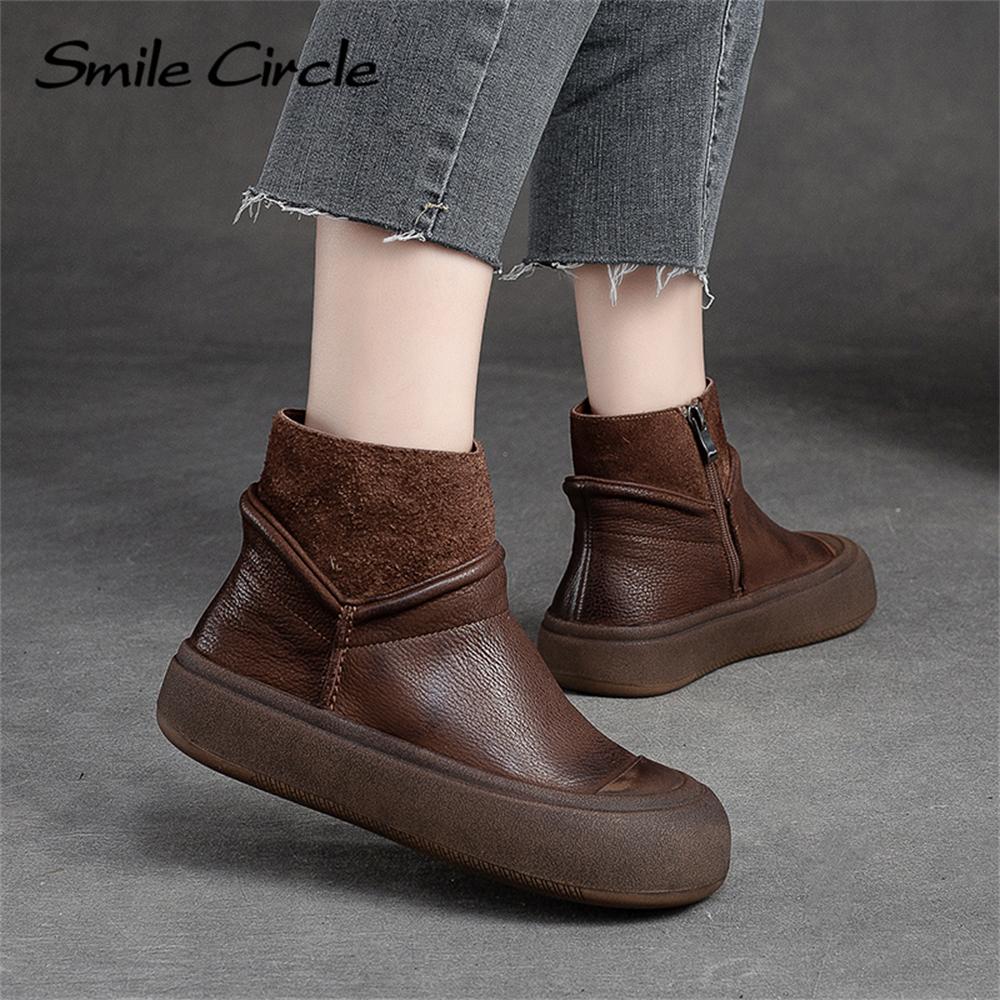 Женские ботинки из натуральной кожи, ботильоны с круглым носком и боковой молнией, модная повседневная обувь на массивном каблуке