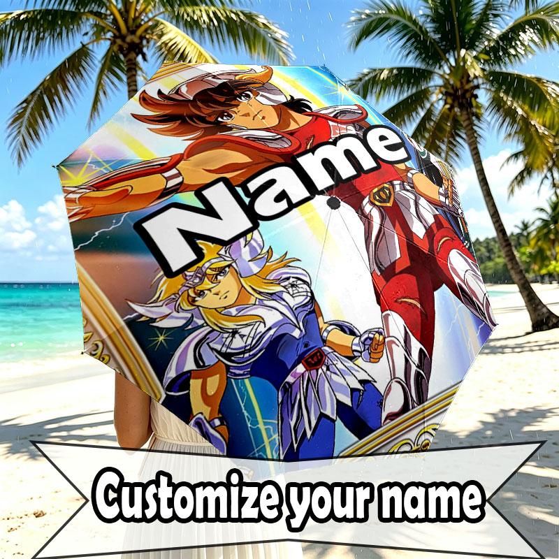 Custom Name Personalized Saint Seiya Print Umbrella, Auto Open Close, 8‑Rib Sturdy Frame, Commute Camping Hiking Use, Birthday Gift
