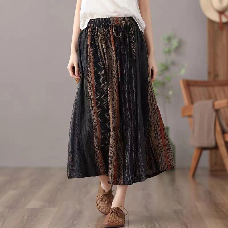 Женская Винтажная Принтованная Длинная Юбка на Эластичной Талии А-силуэта Легкая Бохо Повседневная Миди Юбка
