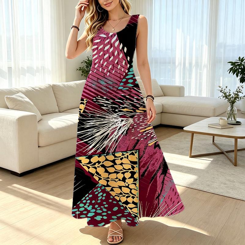Women's A-line Maxi Dress Summer Casual Vibrant Geometric Patchwork,Soft Loose Fit,Stylish Versatile for Home,Everyday & Vacation Wear