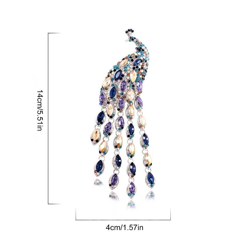 Elegant Long Tail Crystal Peacocks Brooch Party Jewelry Elegant Corsage Pin Alloy Texture Perfect for Wedding and Evening