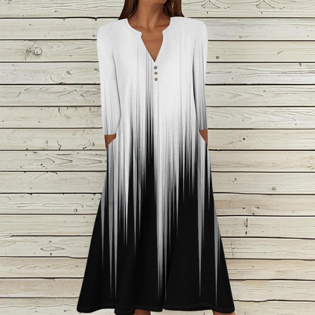 Женское летнее повседневное платье с V-образным вырезом на пуговицах, в стиле ретро, с геометрическим принтом, рукавами три четверти и карманами