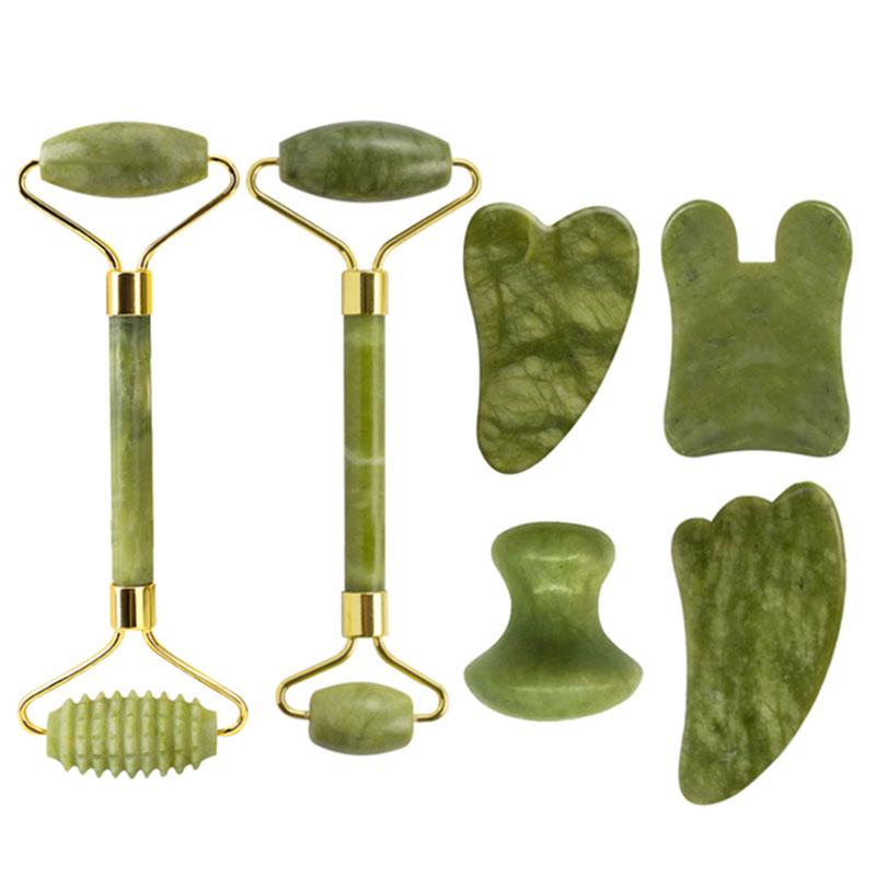Natural Green Jade Roller Gua Sha Set Scraping Facial Massage Lifting Anti-Wrinkle Gouache Scraper Jade Massager Skin Care Tools