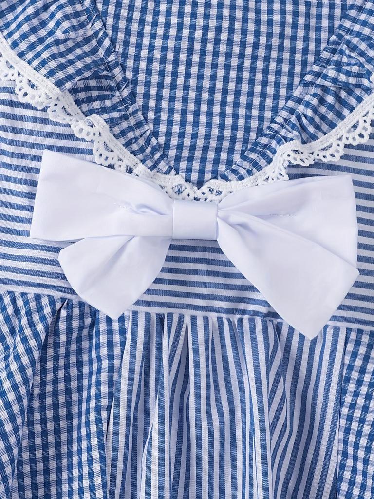 Kids Girls Sleeveless Gingham Stripe Dress 2Pcs Set, Lace Ruffle Dress With Bow + Matching Headband