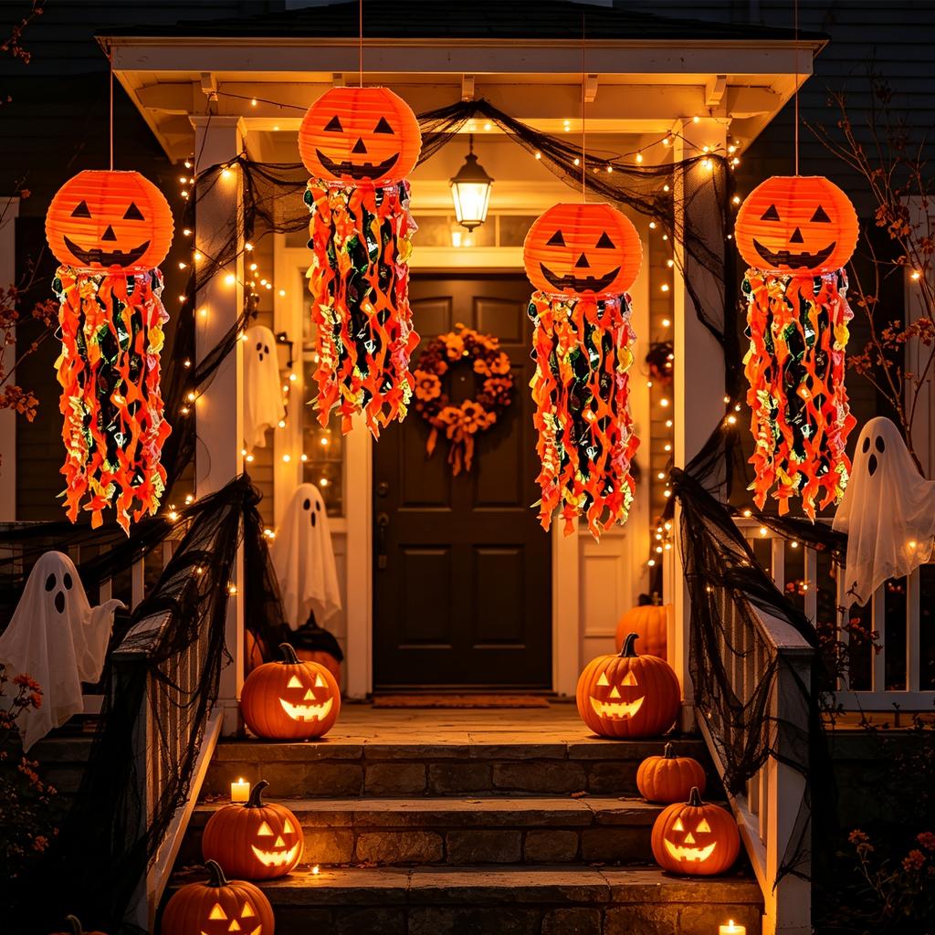 4 Pcs Halloween Paper Pumpkin Jack O Lantern Hanging Decorations with Tassels for Halloween Party and Haunted House Decor