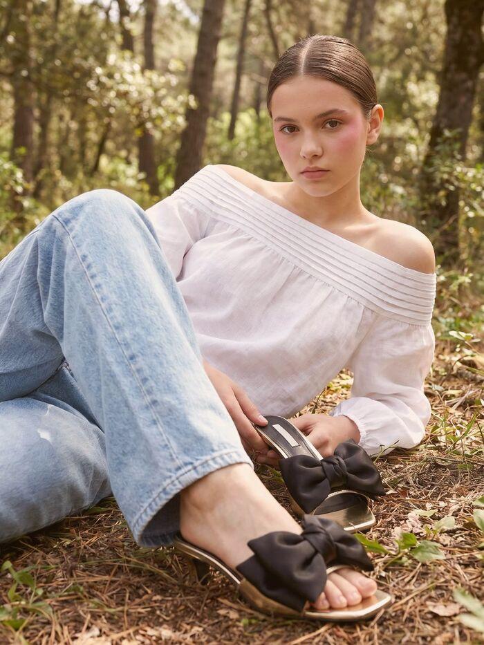In The Balcony Lia Voluminous Ribbon Strap Mule Slippers