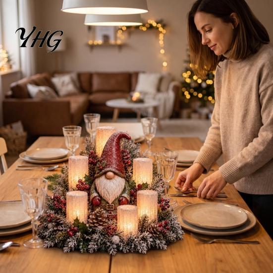 Christmas Mantel Decorations LED Candle Centerpiece with Artificial Cedar Pine Cones And Red Berries, Festive Home Accents Flameless Winter