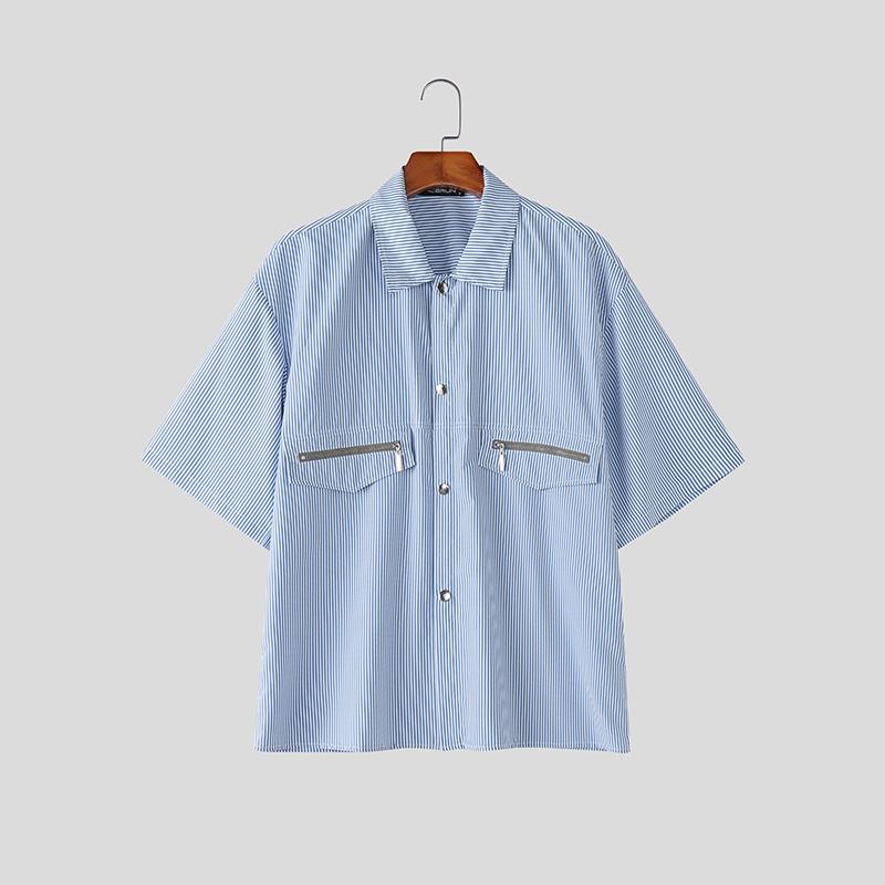 INCERUN Свободные мужские летние рубашки с лацканами, коротким рукавом, полосатые, с вставками, повседневные