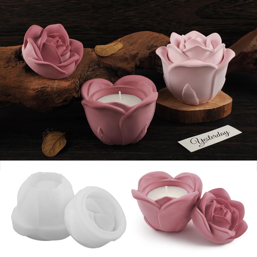 Rose Candle Jar Concrete Silicone Mold Resin Flower Storage Box Molds 3D Candle Ornament Candle Holder Mould Gypsum Box Moulds