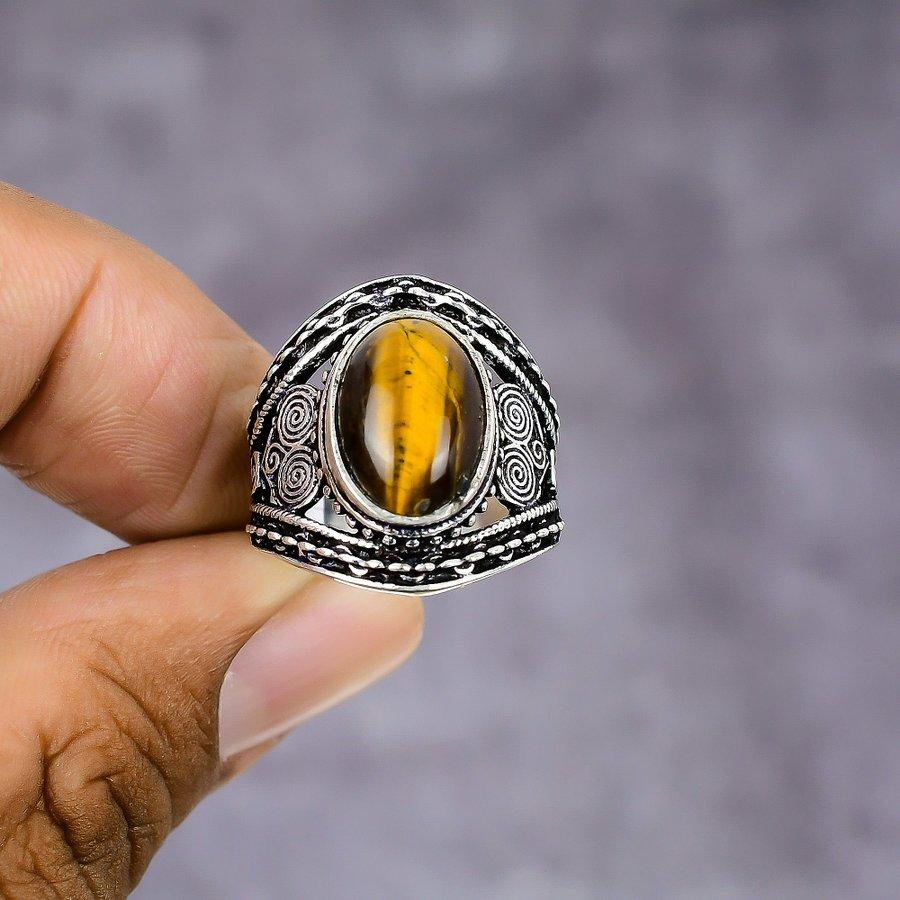 Кольцо из серебра 925 пробы с натуральным тигровым глазом, размер 8,5 P4t57