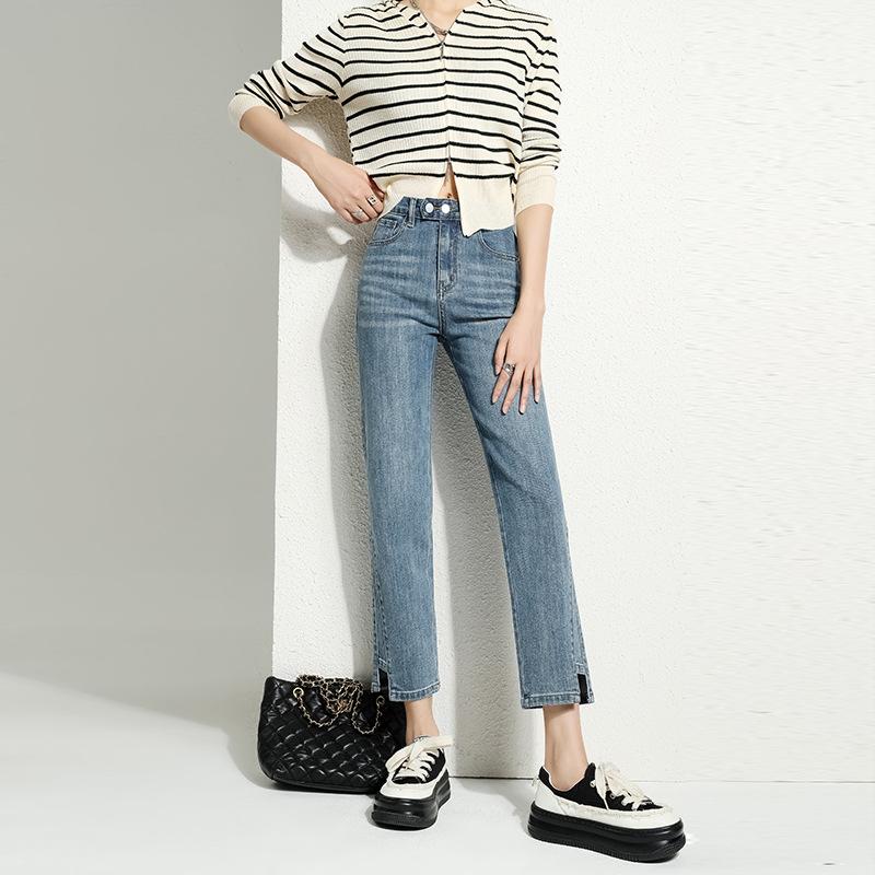 Прямые джинсы для женщин на осень и зиму с высокой посадкой, облегающие и свободные брюки-клёш для женщин на осень, брюки длиной девять десятых для женщин на осень